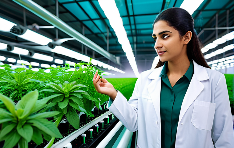 A professional Arab agronomist, female, in a modest lab coat, standing in a sophisticated vertical hydroponic farm. The setting features smart LED lighting, automated nutrient delivery systems, and digital screens displaying real-time plant data. The background shows hints of a modern urban environment or a futuristic desert greenhouse. She is observing the lush green plants with a focused, professional expression. safe for work, appropriate content, fully clothed, professional, perfect anatomy, correct proportions, natural pose, well-formed hands, proper finger count, natural body proportions, professional photography, high quality.