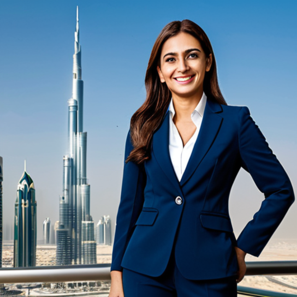 **

"A professional businesswoman in a modest navy blue business suit, smiling confidently while standing in a bright, modern office overlooking the Dubai skyline, fully clothed, appropriate attire, safe for work, perfect anatomy, natural proportions, professional photography, high quality."

**