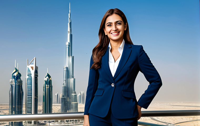 **

"A professional businesswoman in a modest navy blue business suit, smiling confidently while standing in a bright, modern office overlooking the Dubai skyline, fully clothed, appropriate attire, safe for work, perfect anatomy, natural proportions, professional photography, high quality."

**