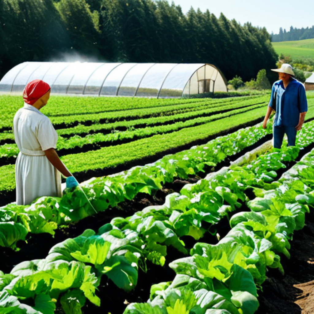 Sustainable Farming**

"A lush, green organic farm in the countryside, demonstrating crop rotation and composting. Fully clothed farmers are tending to the crops. In the background, a modern irrigation system efficiently waters the fields. Safe for work, appropriate content, professional, family-friendly. Perfect anatomy, correct proportions, natural pose, well-formed hands, proper finger count, natural body proportions, modest clothing, professional dress, high quality."

**