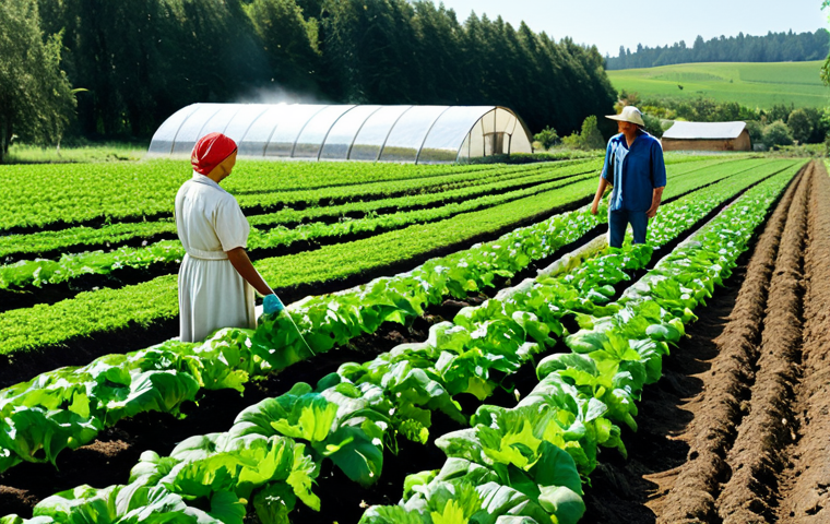 Sustainable Farming**

"A lush, green organic farm in the countryside, demonstrating crop rotation and composting. Fully clothed farmers are tending to the crops. In the background, a modern irrigation system efficiently waters the fields. Safe for work, appropriate content, professional, family-friendly. Perfect anatomy, correct proportions, natural pose, well-formed hands, proper finger count, natural body proportions, modest clothing, professional dress, high quality."

**