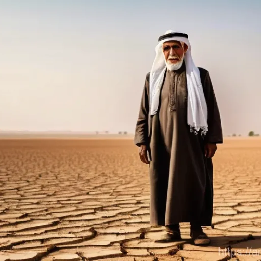 세계 식량 안보 위기 - **Prompt:** "A powerful and moving depiction of an elderly Arab farmer, his face bearing the marks o...