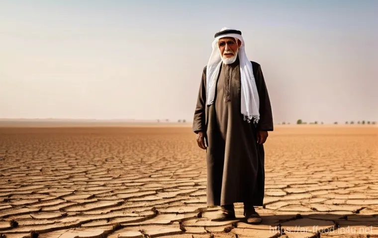 세계 식량 안보 위기 - **Prompt:** "A powerful and moving depiction of an elderly Arab farmer, his face bearing the marks o...