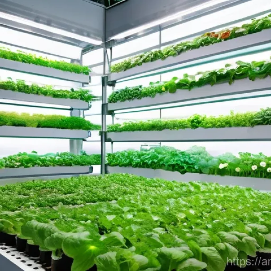 농업의 미래와 인구 증가 - **Prompt:** A sprawling, futuristic vertical farm integrated seamlessly into a modern, sun-drenched ...