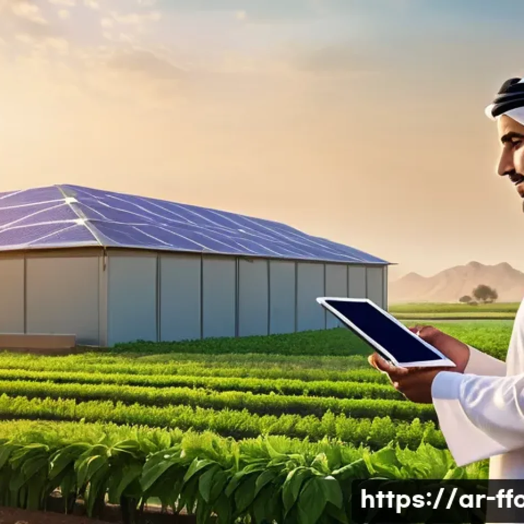 인구 증가에 따른 식량 생산 방식 변화 - A futuristic smart farm scene in an Arabian urban setting during golden hour, featuring a male Arab ...