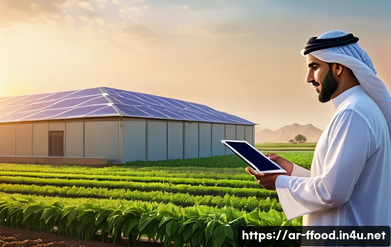인구 증가에 따른 식량 생산 방식 변화 - A futuristic smart farm scene in an Arabian urban setting during golden hour, featuring a male Arab ...