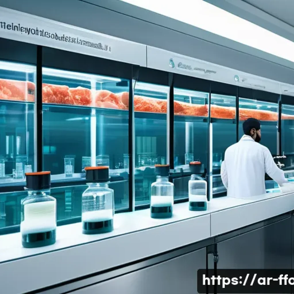 배양육 vs 대체육 - A futuristic laboratory scene showing scientists in white lab coats cultivating lab-grown meat using...