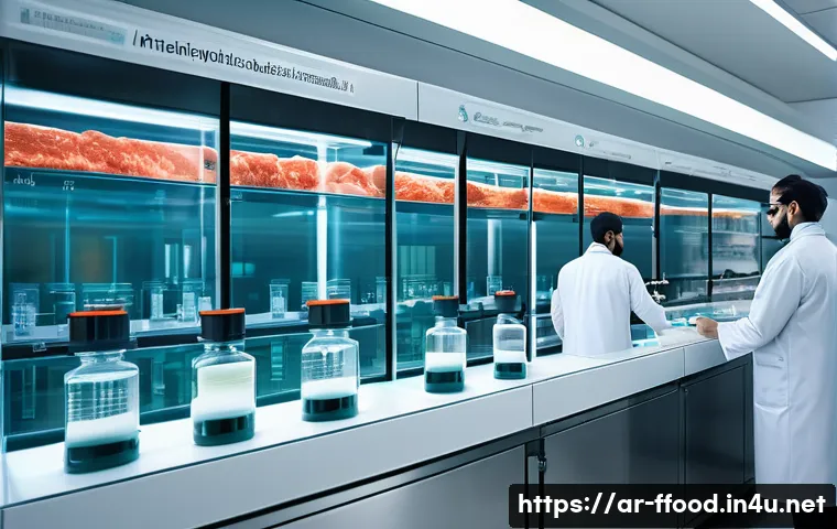 배양육 vs 대체육 - A futuristic laboratory scene showing scientists in white lab coats cultivating lab-grown meat using...