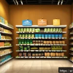 Home 22 곤충단백질 활용 사례 - A vibrant and modern Middle Eastern grocery store aisle showcasing a diverse range of insect protein...