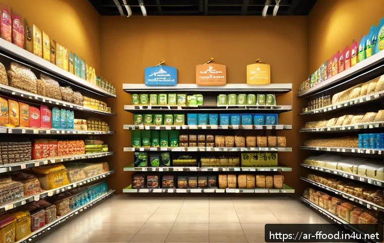 곤충단백질 활용 사례 - A vibrant and modern Middle Eastern grocery store aisle showcasing a diverse range of insect protein...