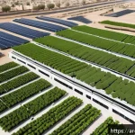Home 21 인구 증가와 식량 부족 문제 - A detailed aerial view of a modern vertical farm in an urban Middle Eastern city, featuring multi-la...