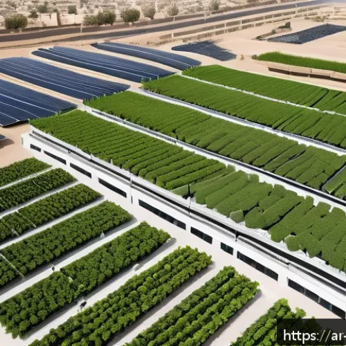 Home 33 인구 증가와 식량 부족 문제 - A detailed aerial view of a modern vertical farm in an urban Middle Eastern city, featuring multi-la...