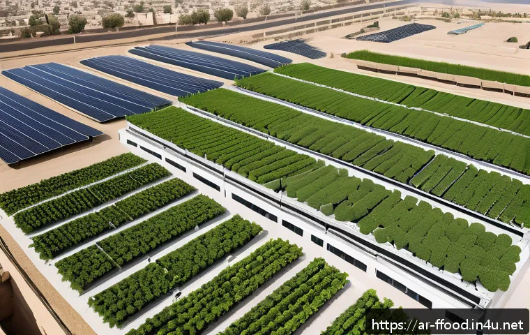 인구 증가와 식량 부족 문제 - A detailed aerial view of a modern vertical farm in an urban Middle Eastern city, featuring multi-la...