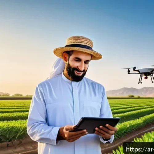 Home 31 식량 안보를 위한 국가 정책 - A modern Middle Eastern farm landscape at sunrise, featuring advanced smart agriculture technology: ...