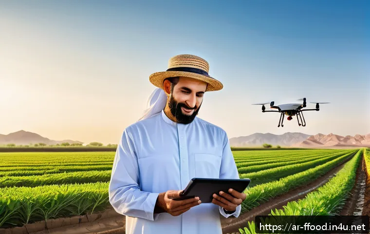 식량 안보를 위한 국가 정책 - A modern Middle Eastern farm landscape at sunrise, featuring advanced smart agriculture technology: ...