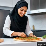 Home 18 3D 프린팅 식품 기술 - A modern kitchen scene featuring a Middle Eastern woman wearing a traditional hijab and modest cloth...