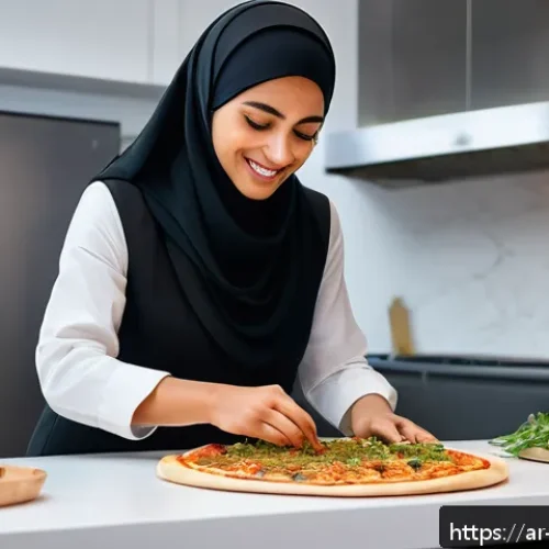 Home 30 3D 프린팅 식품 기술 - A modern kitchen scene featuring a Middle Eastern woman wearing a traditional hijab and modest cloth...