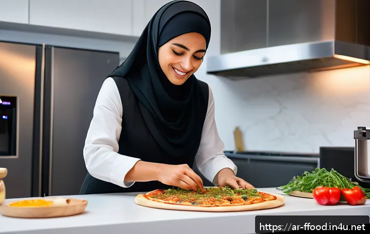3D 프린팅 식품 기술 - A modern kitchen scene featuring a Middle Eastern woman wearing a traditional hijab and modest cloth...