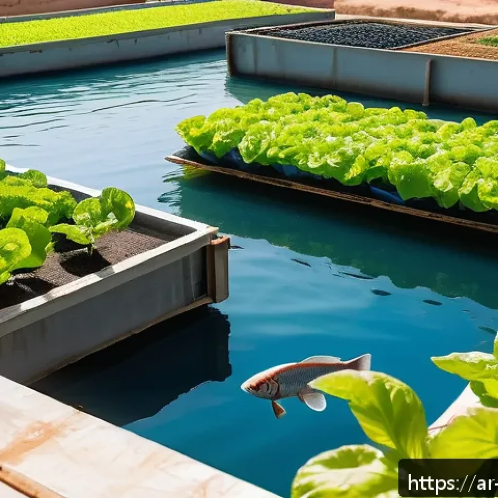 아쿠아포닉스의 지속 가능성 - A modern aquaponics farm in an Arabic rural setting, featuring a large fish tank with healthy tilapi...