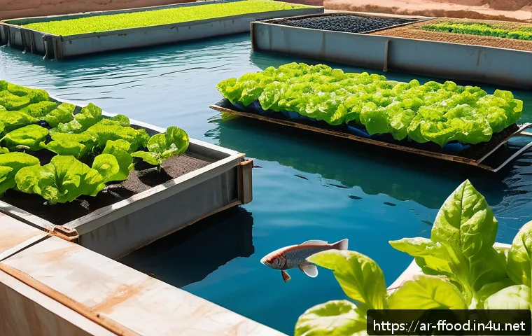 아쿠아포닉스의 지속 가능성 - A modern aquaponics farm in an Arabic rural setting, featuring a large fish tank with healthy tilapi...